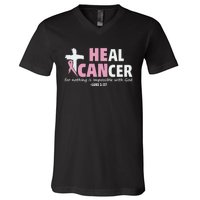 He Can Heal Cancer Breast Cancer Awareness V-Neck T-Shirt