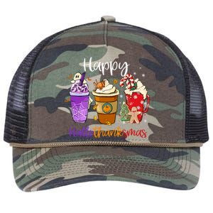 Happy Chirtmas Hallothanksmas Coffee Latte Halloween Thanksgiving Gift Retro Rope Trucker Hat Cap