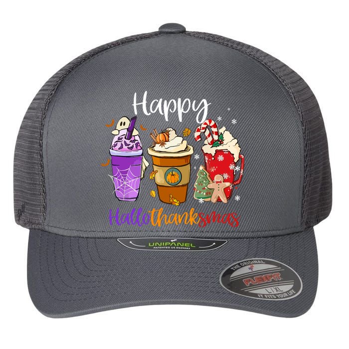 Happy Chirtmas Hallothanksmas Coffee Latte Halloween Thanksgiving Gift Flexfit Unipanel Trucker Cap