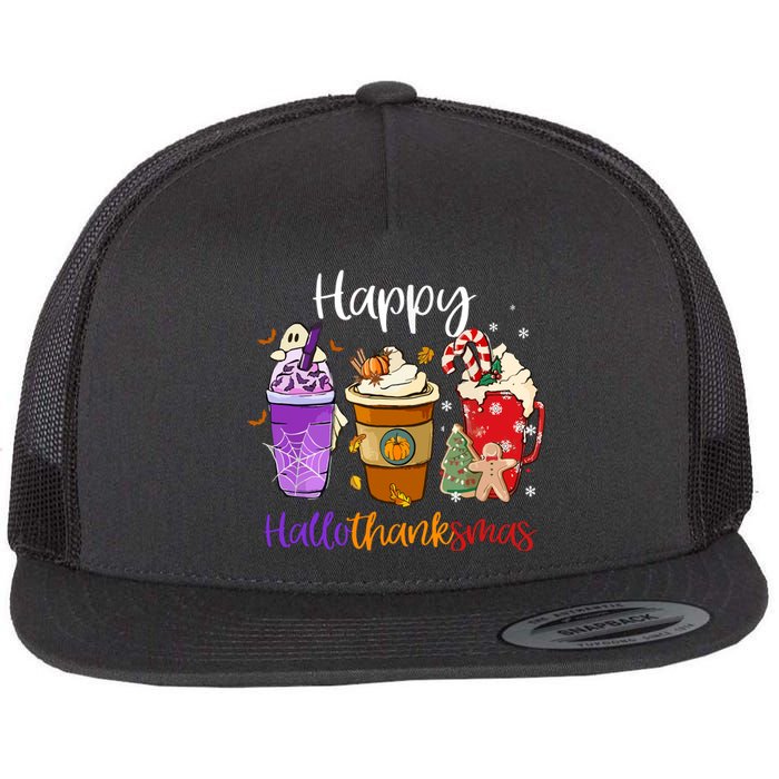 Happy Chirtmas Hallothanksmas Coffee Latte Halloween Thanksgiving Gift Flat Bill Trucker Hat