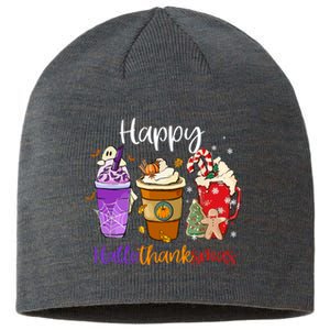 Happy Chirtmas Hallothanksmas Coffee Latte Halloween Thanksgiving Gift Sustainable Beanie