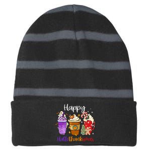 Happy Chirtmas Hallothanksmas Coffee Latte Halloween Thanksgiving Gift Striped Beanie with Solid Band