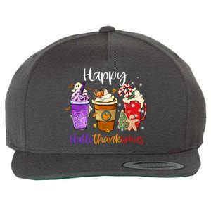 Happy Chirtmas Hallothanksmas Coffee Latte Halloween Thanksgiving Gift Wool Snapback Cap