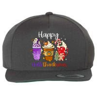 Happy Chirtmas Hallothanksmas Coffee Latte Halloween Thanksgiving Gift Wool Snapback Cap