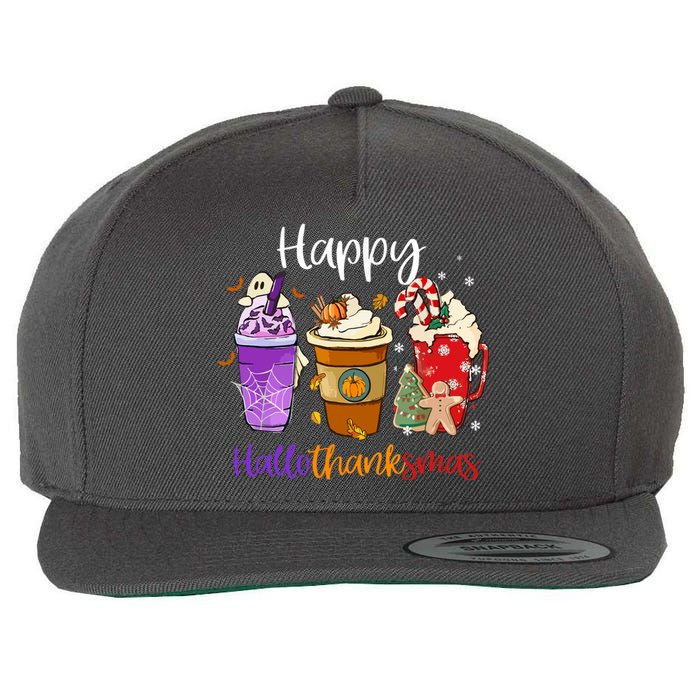 Happy Chirtmas Hallothanksmas Coffee Latte Halloween Thanksgiving Gift Wool Snapback Cap