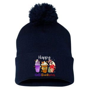 Happy Chirtmas Hallothanksmas Coffee Latte Halloween Thanksgiving Gift Pom Pom 12in Knit Beanie