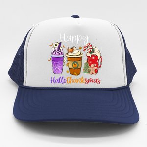 Happy Chirtmas Hallothanksmas Coffee Latte Halloween Thanksgiving Gift Trucker Hat