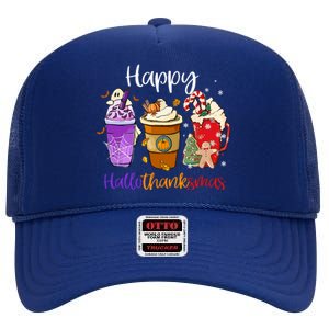 Happy Chirtmas Hallothanksmas Coffee Latte Halloween Thanksgiving Gift High Crown Mesh Back Trucker Hat