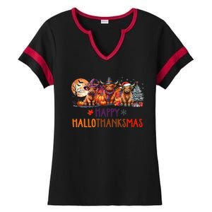 Highland Cow Halloween Christmas Thanksgiving Hallothanksmas Ladies Halftime Notch Neck Tee