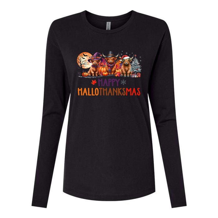 Highland Cow Halloween Christmas Thanksgiving Hallothanksmas Womens Cotton Relaxed Long Sleeve T-Shirt