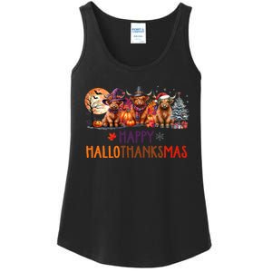 Highland Cow Halloween Christmas Thanksgiving Hallothanksmas Ladies Essential Tank