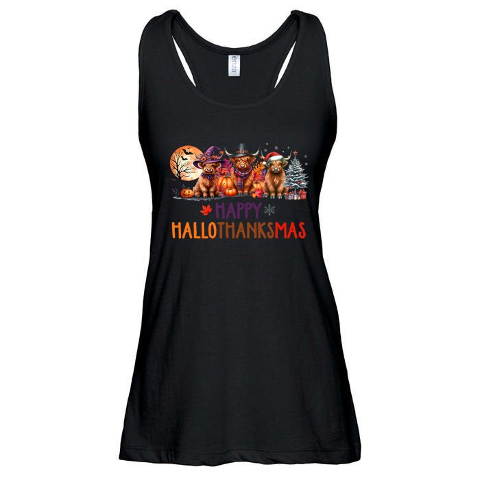 Highland Cow Halloween Christmas Thanksgiving Hallothanksmas Ladies Essential Flowy Tank