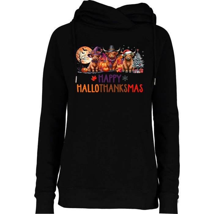 Highland Cow Halloween Christmas Thanksgiving Hallothanksmas Womens Funnel Neck Pullover Hood