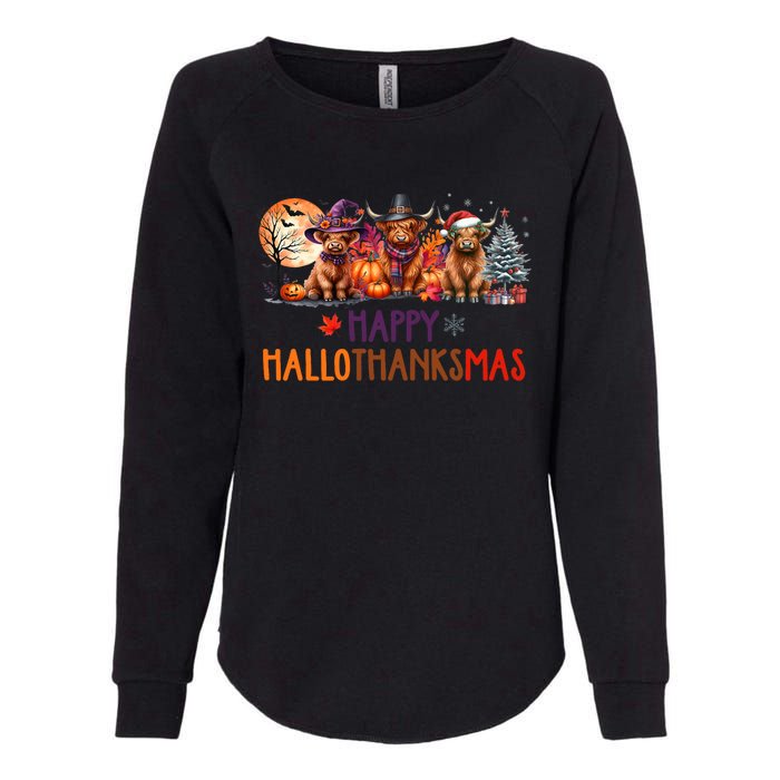 Highland Cow Halloween Christmas Thanksgiving Hallothanksmas Womens California Wash Sweatshirt