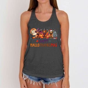 Highland Cow Halloween Christmas Thanksgiving Hallothanksmas Women's Knotted Racerback Tank