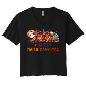 Highland Cow Halloween Christmas Thanksgiving Hallothanksmas Women's Crop Top Tee