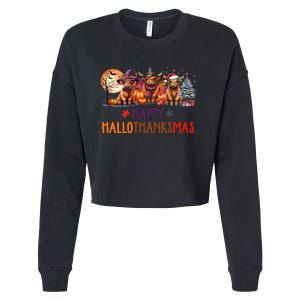 Highland Cow Halloween Christmas Thanksgiving Hallothanksmas Cropped Pullover Crew