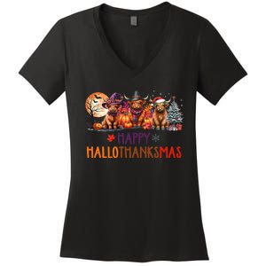 Highland Cow Halloween Christmas Thanksgiving Hallothanksmas Women's V-Neck T-Shirt