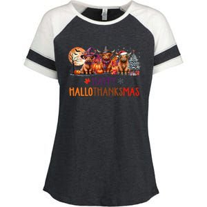 Highland Cow Halloween Christmas Thanksgiving Hallothanksmas Enza Ladies Jersey Colorblock Tee