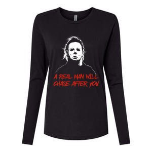 Halloween Creepy Horror Scary Man With Knife A Real Man Will Chase After You Womens Cotton Relaxed Long Sleeve T-Shirt