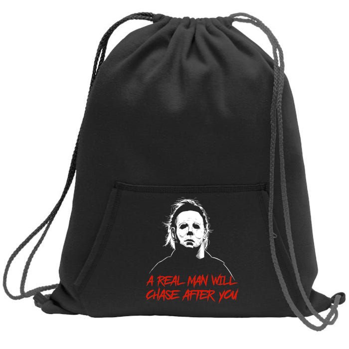 Halloween Creepy Horror Scary Man With Knife A Real Man Will Chase After You Sweatshirt Cinch Pack Bag