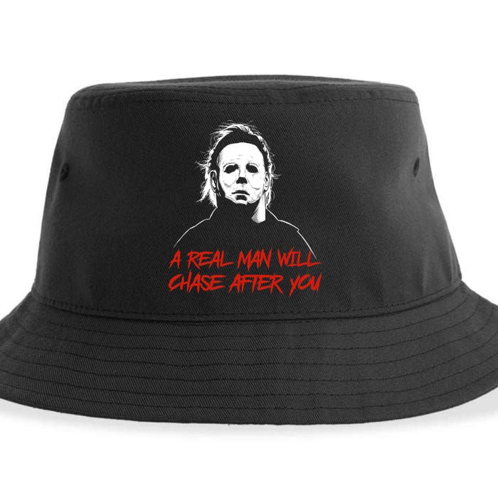 Halloween Creepy Horror Scary Man With Knife A Real Man Will Chase After You Sustainable Bucket Hat