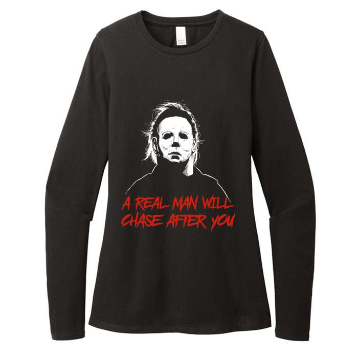 Halloween Creepy Horror Scary Man With Knife A Real Man Will Chase After You Womens CVC Long Sleeve Shirt