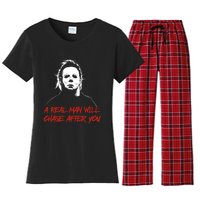 Halloween Creepy Horror Scary Man With Knife A Real Man Will Chase After You Women's Flannel Pajama Set