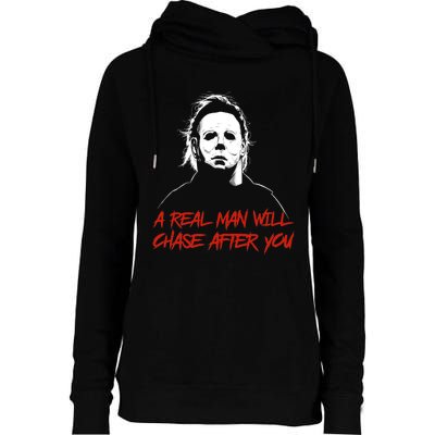 Halloween Creepy Horror Scary Man With Knife A Real Man Will Chase After You Womens Funnel Neck Pullover Hood