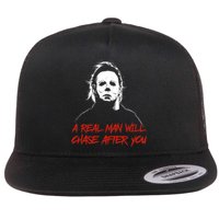 Halloween Creepy Horror Scary Man With Knife A Real Man Will Chase After You Flat Bill Trucker Hat