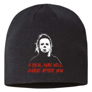 Halloween Creepy Horror Scary Man With Knife A Real Man Will Chase After You Sustainable Beanie