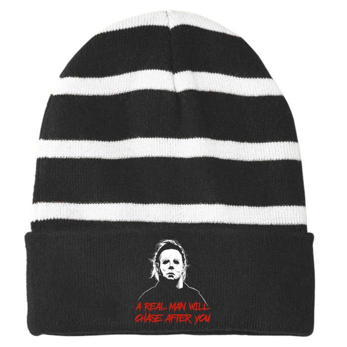 Halloween Creepy Horror Scary Man With Knife A Real Man Will Chase After You Striped Beanie with Solid Band