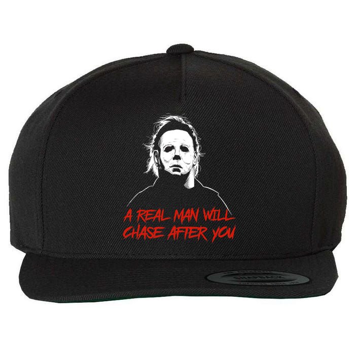 Halloween Creepy Horror Scary Man With Knife A Real Man Will Chase After You Wool Snapback Cap