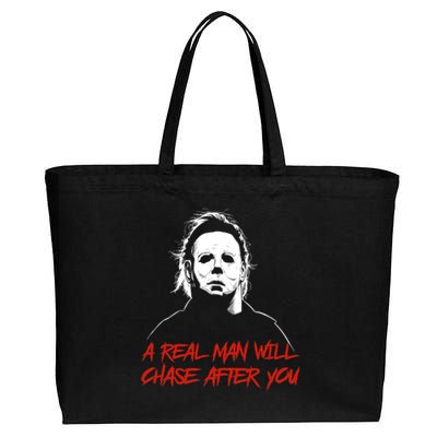 Halloween Creepy Horror Scary Man With Knife A Real Man Will Chase After You Cotton Canvas Jumbo Tote