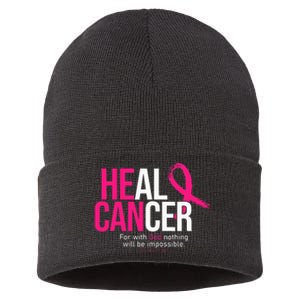 He Can Heal Cancer Pink Ribbon Breast Cancer Awareness Sustainable Knit Beanie