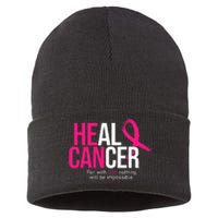 He Can Heal Cancer Pink Ribbon Breast Cancer Awareness Sustainable Knit Beanie