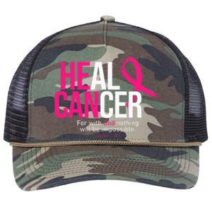 He Can Heal Cancer Pink Ribbon Breast Cancer Awareness Retro Rope Trucker Hat Cap