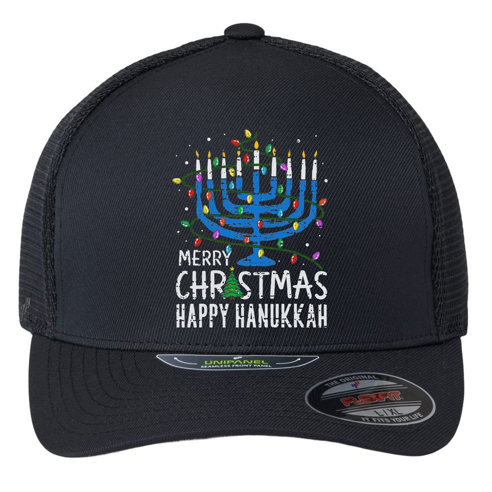 Happy Christmas Hanukkah Chanukah Jewish Flexfit Unipanel Trucker Cap