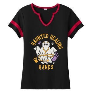 Halloween Costume Haunted Healing Hands Nurse Ghost Scrub Gift Ladies Halftime Notch Neck Tee