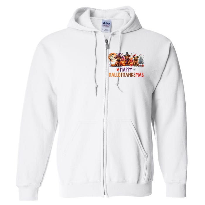 Highland Cow Halloween Christmas Thanksgiving Hallothanksmas Full Zip Hoodie