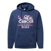 He Can Heal Cancer Christian Ribbon Breast Cancer Awareness Performance Fleece Hoodie