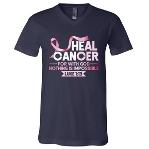 He Can Heal Cancer Christian Ribbon Breast Cancer Awareness V-Neck T-Shirt