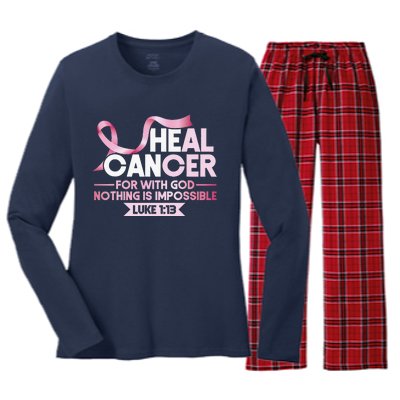 He Can Heal Cancer Christian Ribbon Breast Cancer Awareness Women's Long Sleeve Flannel Pajama Set 