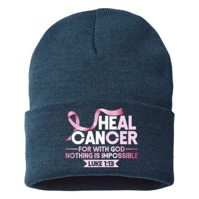 He Can Heal Cancer Christian Ribbon Breast Cancer Awareness Sustainable Knit Beanie