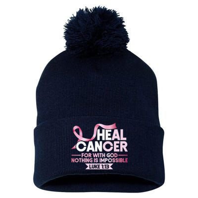 He Can Heal Cancer Christian Ribbon Breast Cancer Awareness Pom Pom 12in Knit Beanie