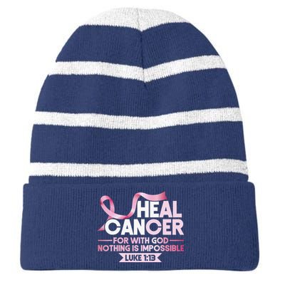 He Can Heal Cancer Christian Ribbon Breast Cancer Awareness Striped Beanie with Solid Band