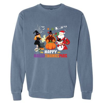 Halloween Christmas Happy Hallothanksmas Thanksgiving Garment-Dyed Sweatshirt