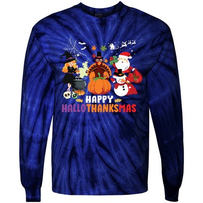 Halloween Christmas Happy Hallothanksmas Thanksgiving Tie-Dye Long Sleeve Shirt