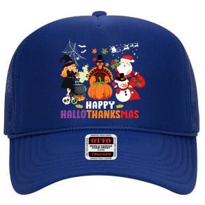 Halloween Christmas Happy Hallothanksmas Thanksgiving High Crown Mesh Back Trucker Hat