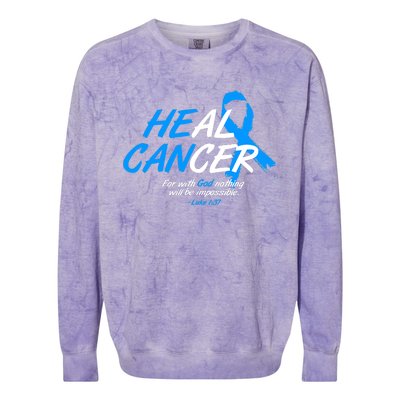 He Can Heal Cancer Colon Cancer Awareness Blue Ribbon Colorblast Crewneck Sweatshirt